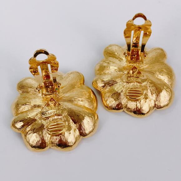 VTG Signed Alana Stewart Gold Tone Enamel Floral Clip On Earrings 1980s Jewelry - Picture 7 of 11